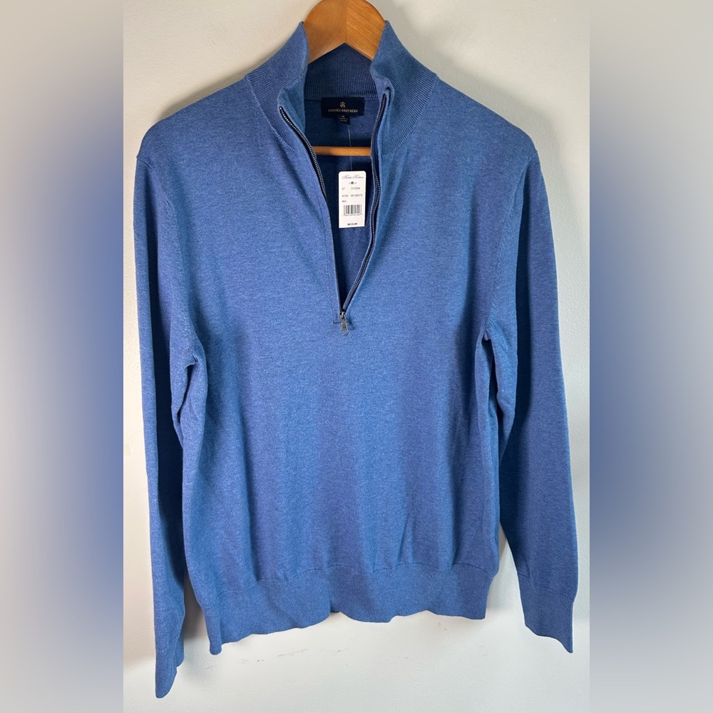 Brooks Brothers Mens 1/4 Half Zip Sweater Combed Cotton Blue Pullover Size M NWT